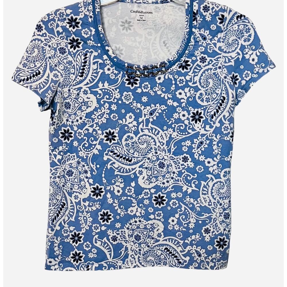 CROFT & BARROW CAP SLV, SCOOP NECK, TUNIC T-SHIRT, WOMENS, M-BLUE/WHITE PAISLEY